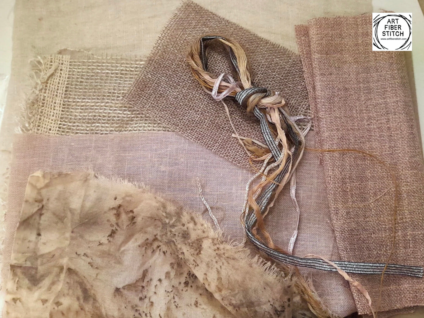 Earthy Fabric Collage, Slow Stitching Kit, Textile Craft, Beginners Embroidery, easy sewing project, Junk Journal, Fabric Journal, Scraps