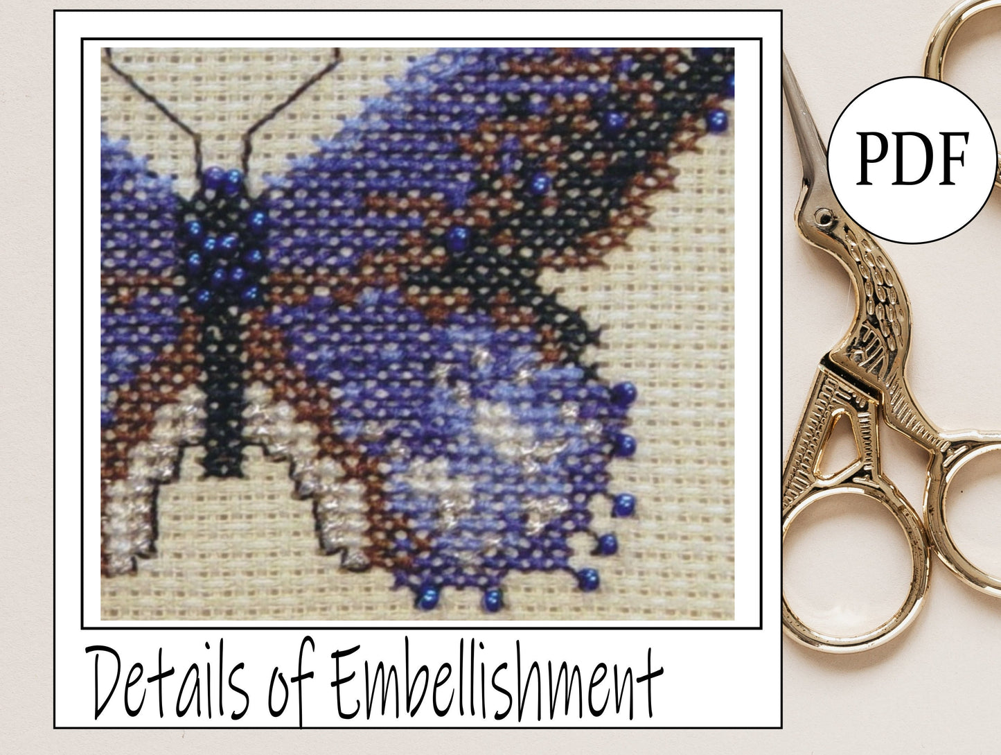 Royal Assyrian Cross Stitch Pattern PDF, X Stitch pattern Instant Download, Insect embroidery tutorial, Embellished x-stitch sampler PDF