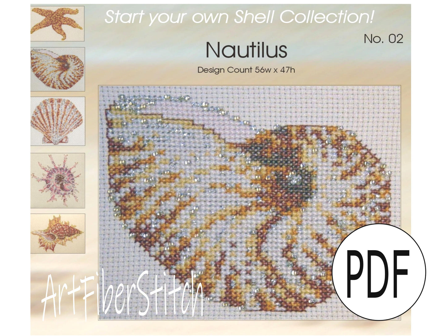 Nautilus Cross Stitch Pattern PDF, X Stitch pattern Instant Download, Shell embroidery tutorial, Embellished x-stitch sampler PDF