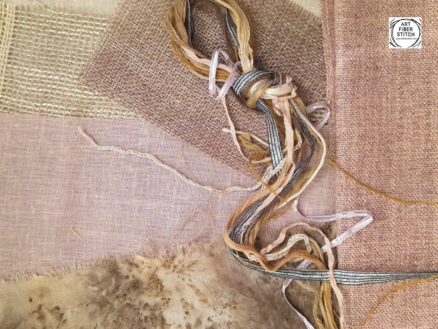 Earthy Fabric Collage, Slow Stitching Kit, Textile Craft, Beginners Embroidery, easy sewing project, Junk Journal, Fabric Journal, Scraps