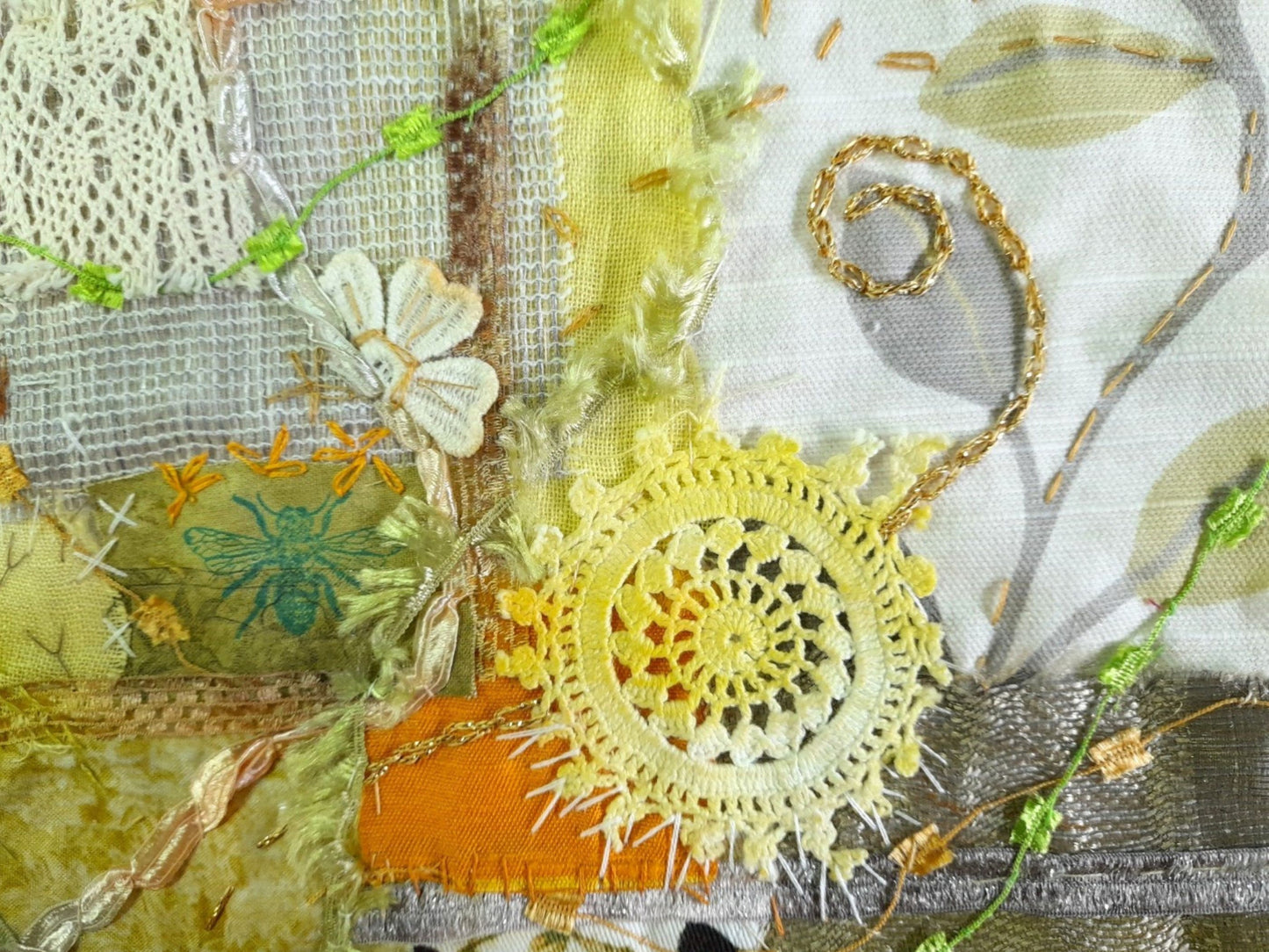 Yellow Fabric Collage, Slow Stitching Kit, Textile Craft, Beginners Embroidery, easy sewing project, Junk Journal, Fabric Journal, Scraps