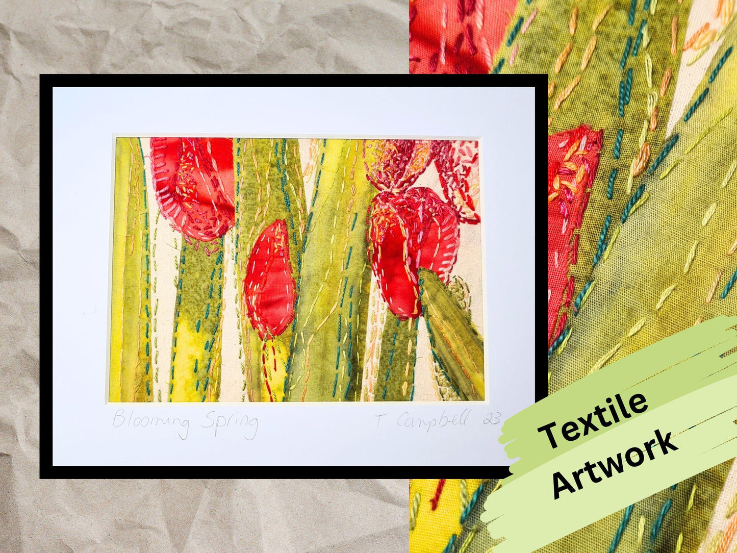 Blooming Spring - Original Artwork Textile Art Fabric Art Slow Stitch Embroidery Finished Picture of Tulip Flowers in rich colour.