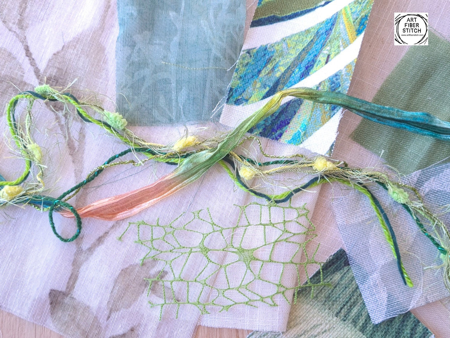 Leafy Green Floral Fabric Collage, Slow Stitching Kit, Inspirational Beginners Embroidery, easy sewing project, Junk Journal, Fabric Journal