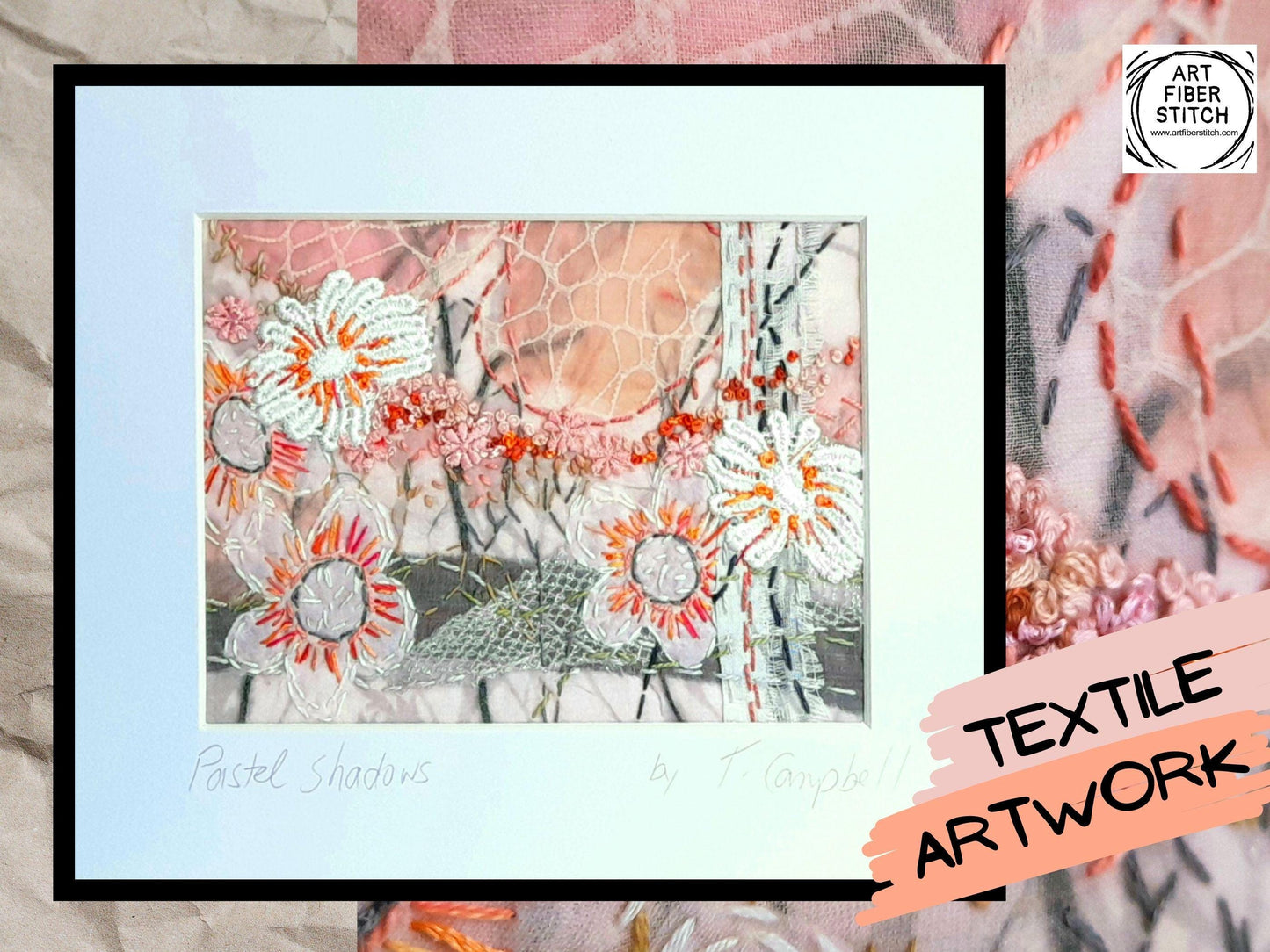 Original Artwork Textile Art Fabric Art Slow Stitch Embroidery Finished Picture Ideal creative gift called “Pastel Shadows”