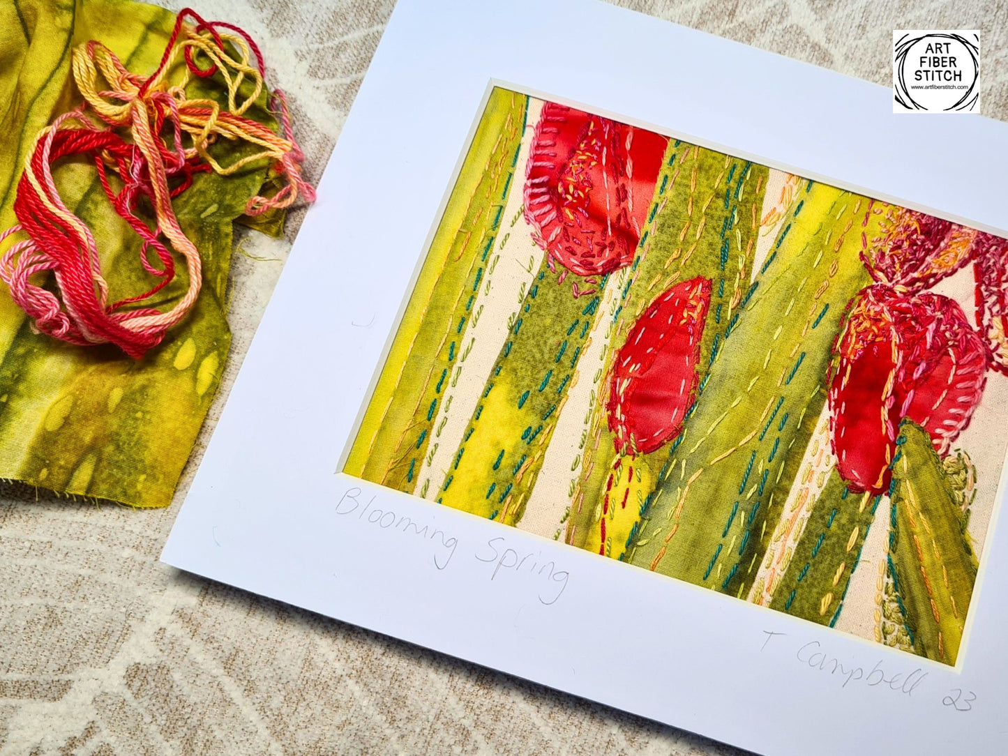 Blooming Spring - Original Artwork Textile Art Fabric Art Slow Stitch Embroidery Finished Picture of Tulip Flowers in rich colour.