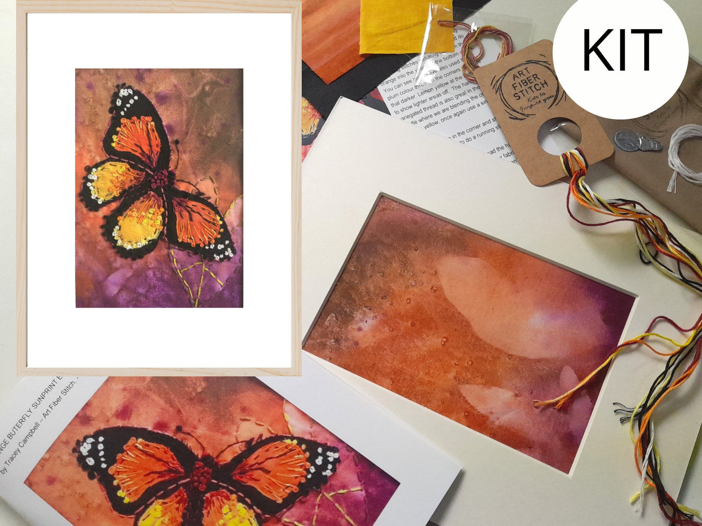 Hand dyed Embroidery Kit Orange Butterfly Sun Print , Beginners Easy Sewing Project, Fabric Art Design, Creative Mindful Stitch Therapy,