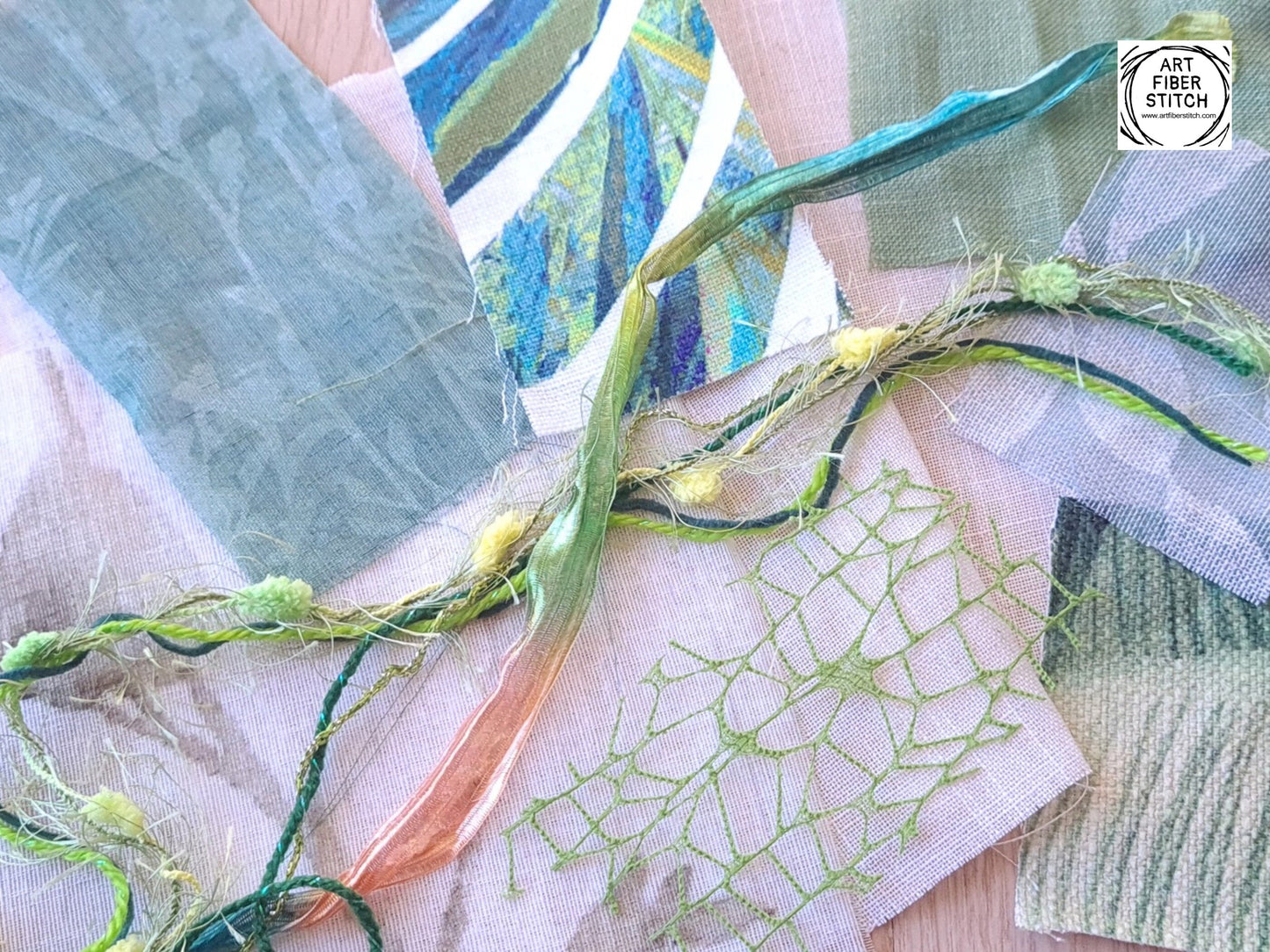 Leafy Green Floral Fabric Collage, Slow Stitching Kit, Inspirational Beginners Embroidery, easy sewing project, Junk Journal, Fabric Journal