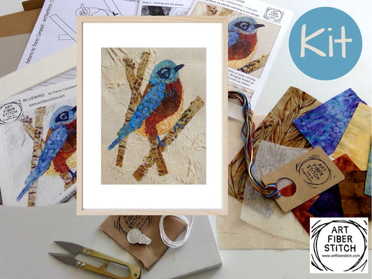 Bluebird Slow Stitching Kit, Beginners Embroidery, easy sewing project, Fabric Collage, Mindful Craft, Stitch Therapy