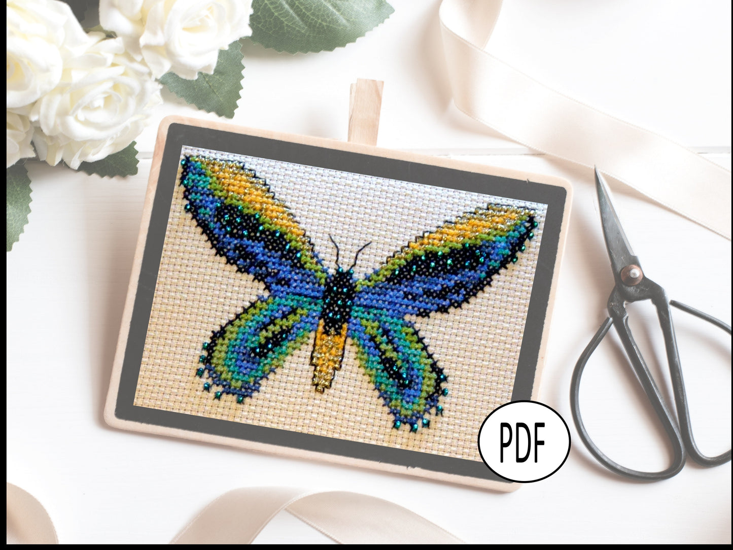 Queen Alexandras Birdwing Cross Stitch Pattern PDF, X Stitch pattern Instant Download, Insect embroidery tutorial, Embellished x-stitch PDF
