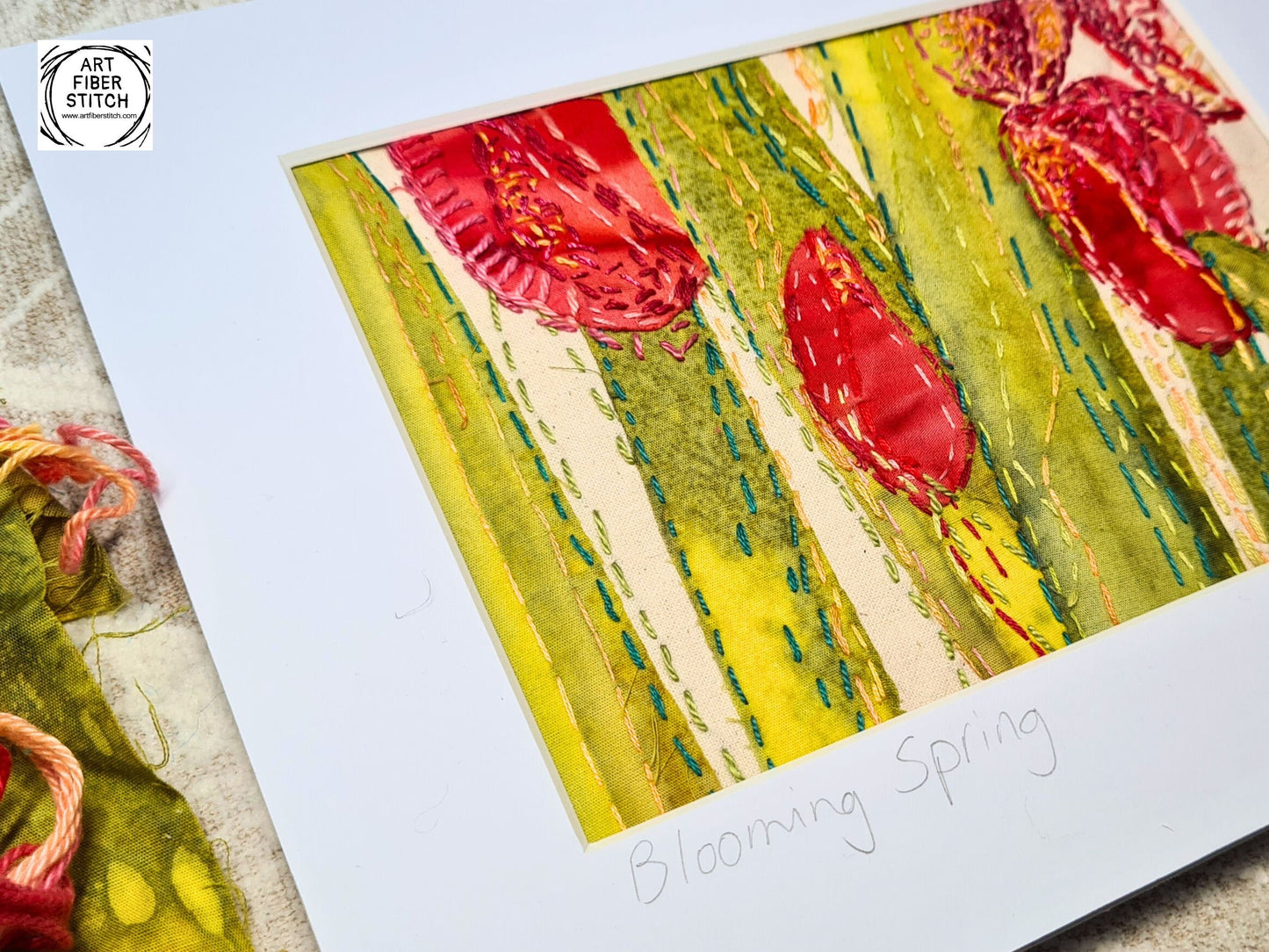 Blooming Spring - Original Artwork Textile Art Fabric Art Slow Stitch Embroidery Finished Picture of Tulip Flowers in rich colour.