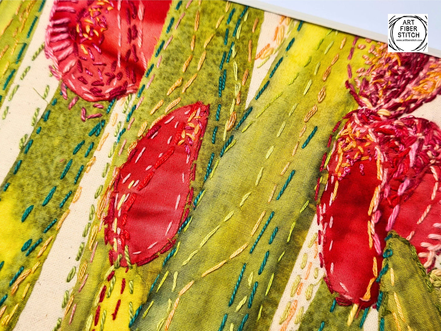 Blooming Spring - Original Artwork Textile Art Fabric Art Slow Stitch Embroidery Finished Picture of Tulip Flowers in rich colour.