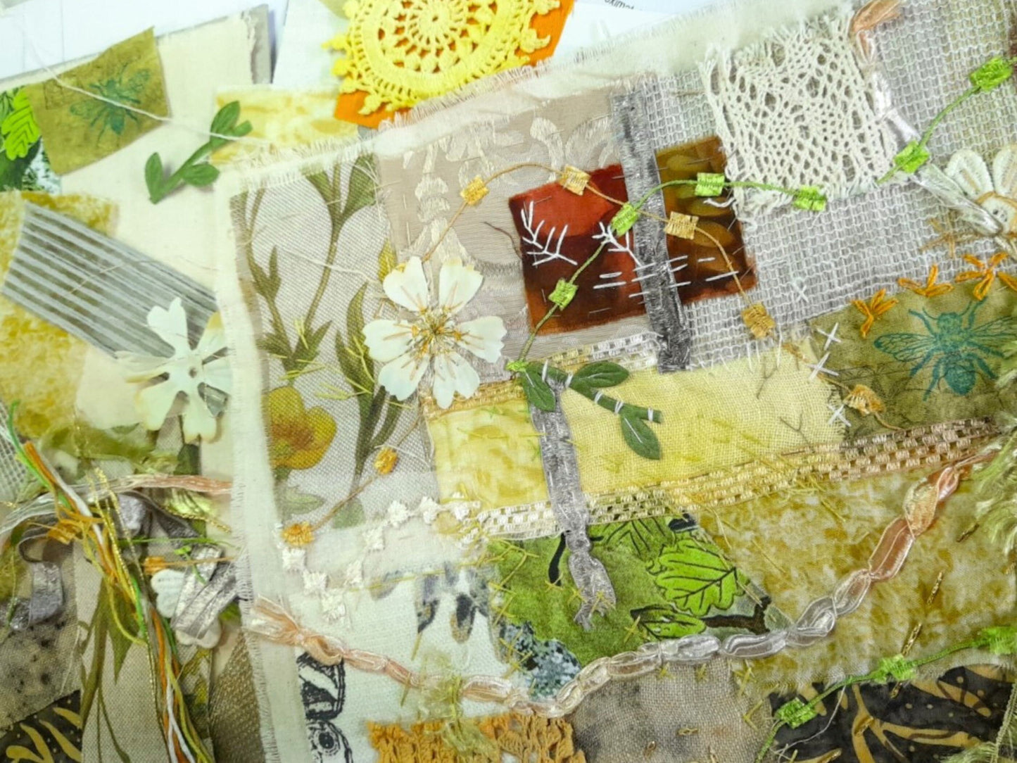 Yellow Fabric Collage, Slow Stitching Kit, Textile Craft, Beginners Embroidery, easy sewing project, Junk Journal, Fabric Journal, Scraps