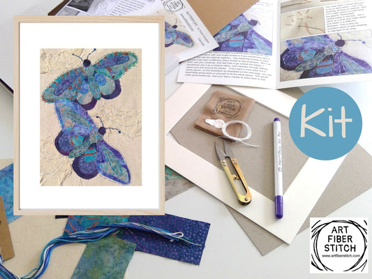 Blue Butterflies Slow Stitching Kit, Beginners Embroidery, easy sewing project, Fabric Collage, Mindful Craft, Stitch Therapy