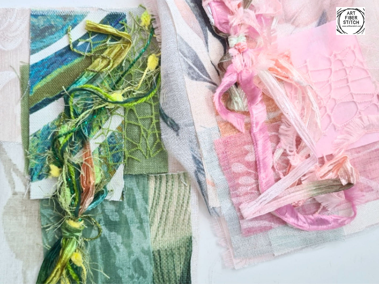 Leafy Green Floral Fabric Collage, Slow Stitching Kit, Inspirational Beginners Embroidery, easy sewing project, Junk Journal, Fabric Journal