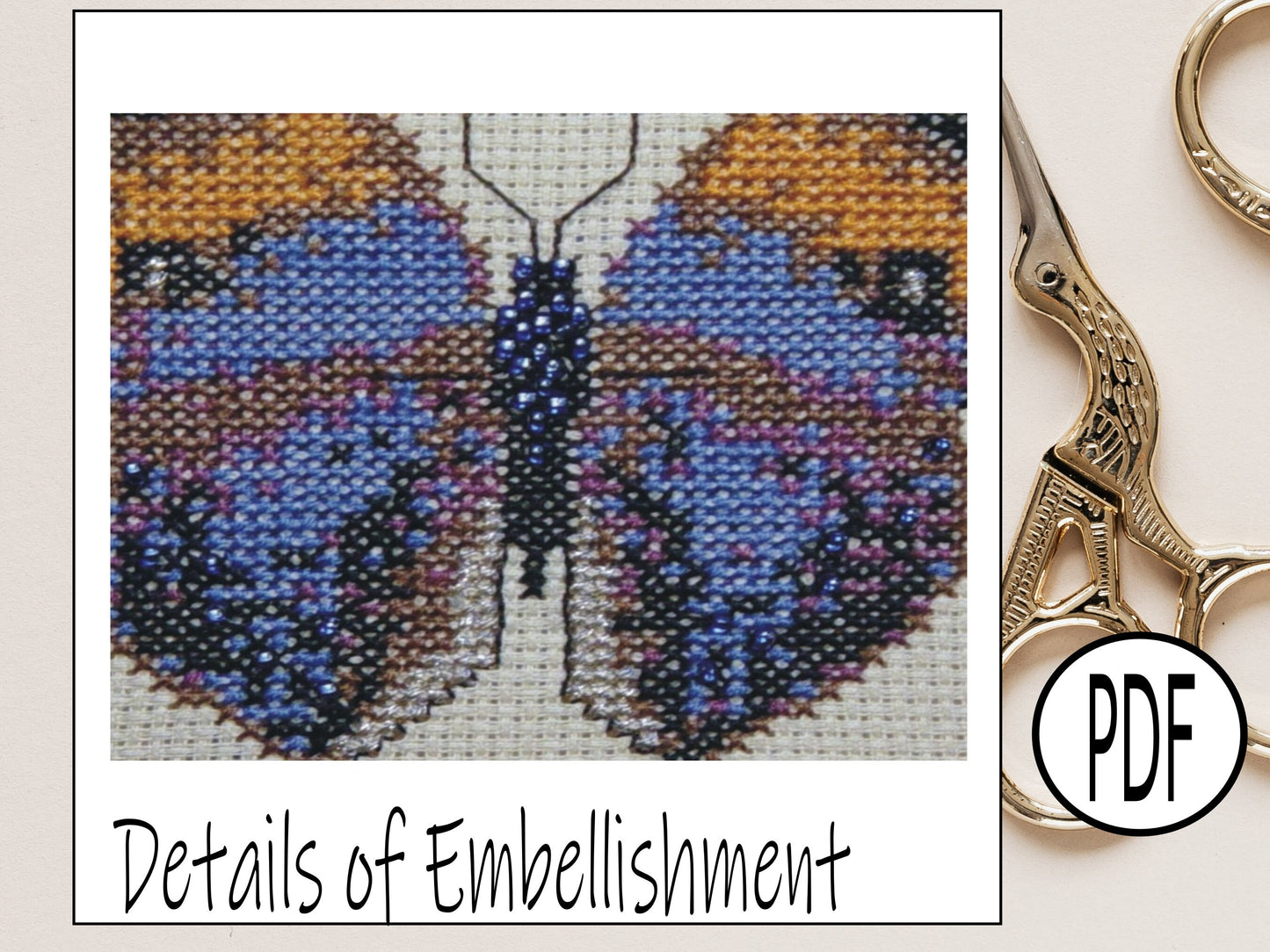 Indian Leaf Butterfly Cross Stitch Pattern PDF, X Stitch pattern Instant Download, Insect embroidery tutorial, Embellished x-stitch PDF
