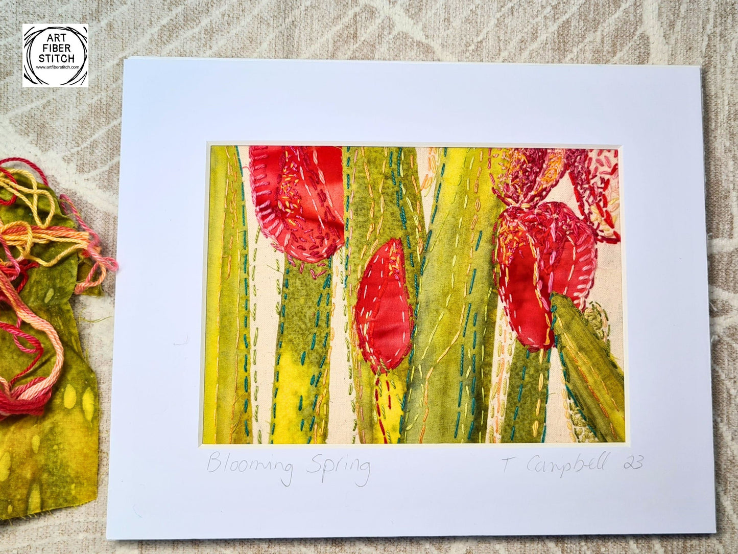 Blooming Spring - Original Artwork Textile Art Fabric Art Slow Stitch Embroidery Finished Picture of Tulip Flowers in rich colour.