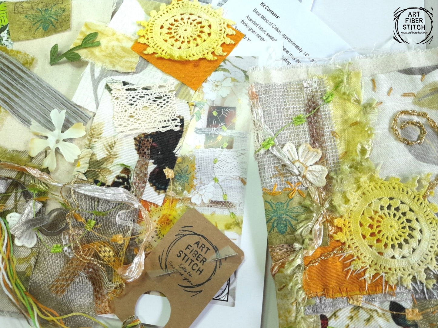 Yellow Fabric Collage, Slow Stitching Kit, Textile Craft, Beginners Embroidery, easy sewing project, Junk Journal, Fabric Journal, Scraps