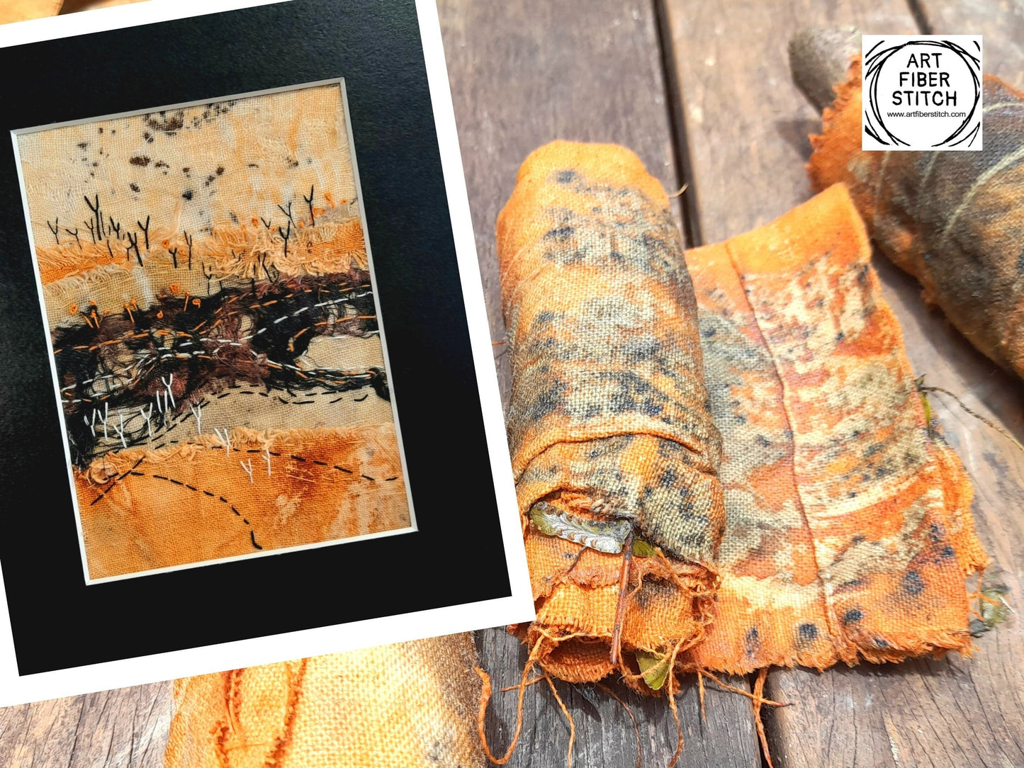 Eco printed fabric embroidery kit, hand dyed linen, fabric manipulation, Easy Sewing Project Textile Art Creative Mindful Stitch Therapy kit