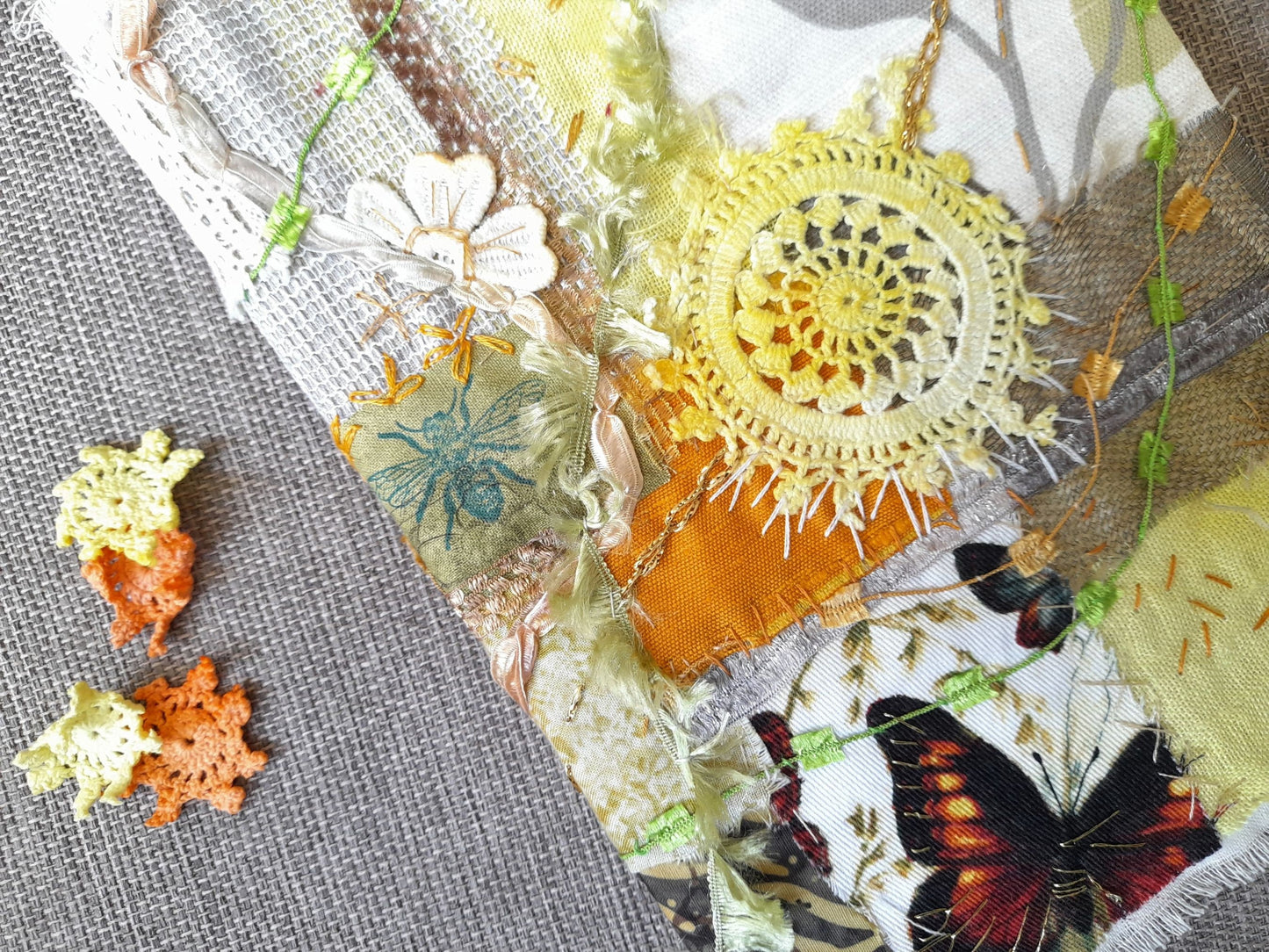 Yellow Fabric Collage, Slow Stitching Kit, Textile Craft, Beginners Embroidery, easy sewing project, Junk Journal, Fabric Journal, Scraps