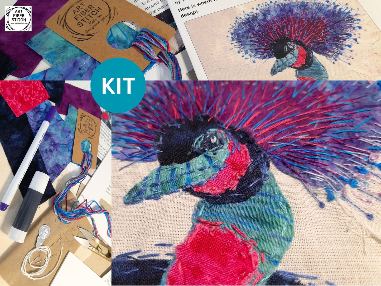 Crazy Crane Slow Stitching Kit, Beginners Embroidery, easy sewing project, Fabric Collage, Mindful Craft, Stitch Therapy