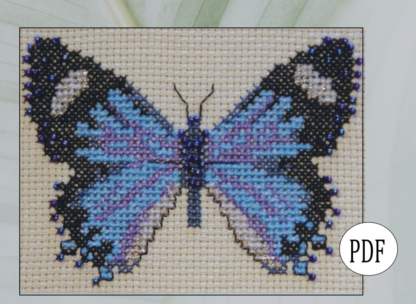 Azure Butterfly Cross Stitch Pattern PDF, X Stitch pattern Instant Download, Insect embroidery tutorial, Embellished x-stitch sampler PDF