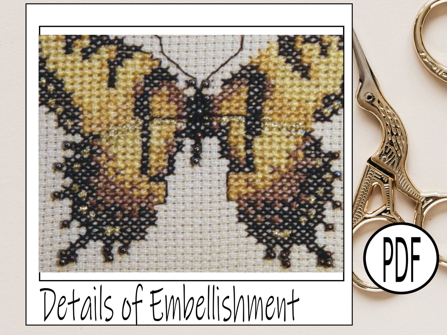 Tiger Swallowtail Cross Stitch Pattern PDF, X Stitch pattern Instant Download, Insect embroidery tutorial, Embellished x-stitch sampler PDF
