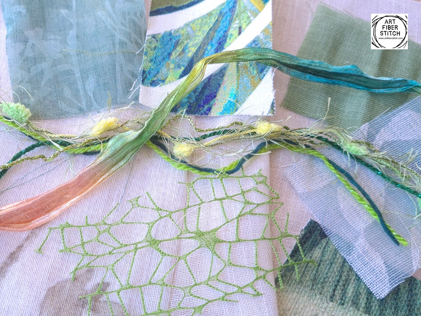 Leafy Green Floral Fabric Collage, Slow Stitching Kit, Inspirational Beginners Embroidery, easy sewing project, Junk Journal, Fabric Journal