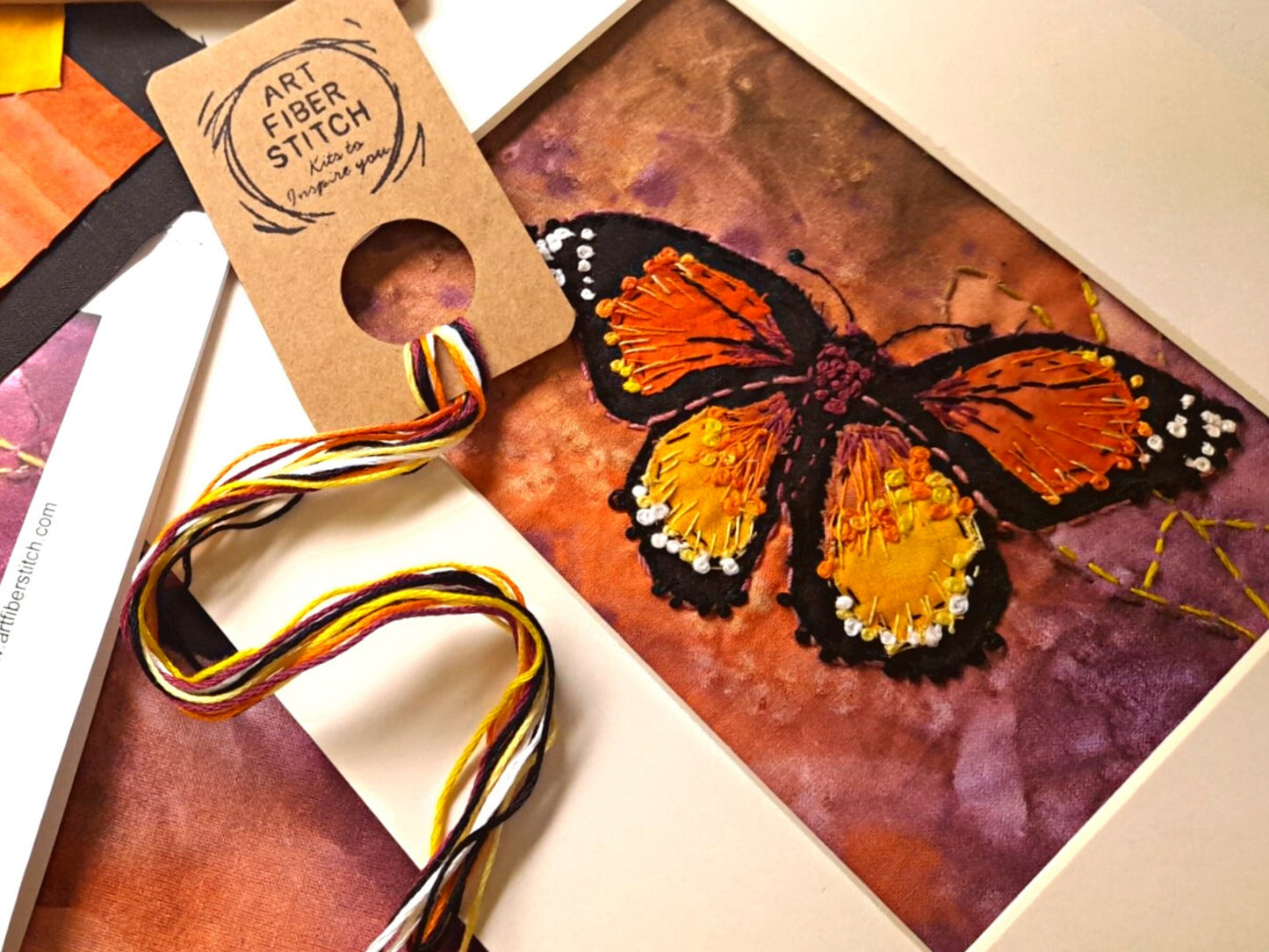 Hand dyed Embroidery Kit Orange Butterfly Sun Print , Beginners Easy Sewing Project, Fabric Art Design, Creative Mindful Stitch Therapy,