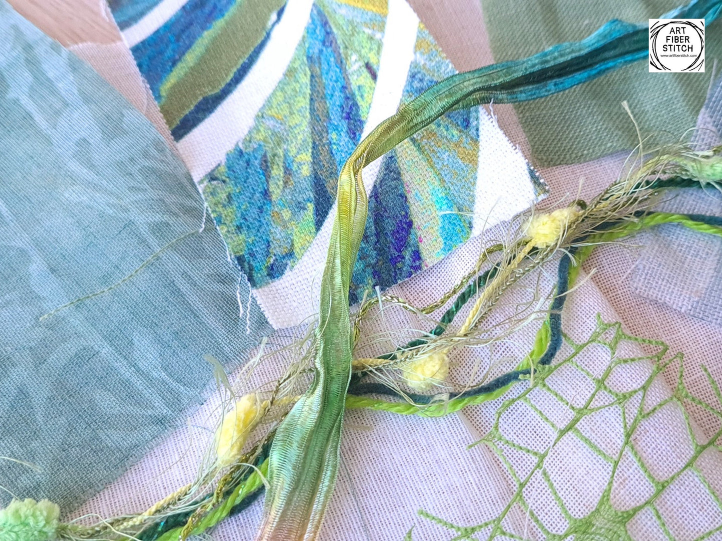 Leafy Green Floral Fabric Collage, Slow Stitching Kit, Inspirational Beginners Embroidery, easy sewing project, Junk Journal, Fabric Journal