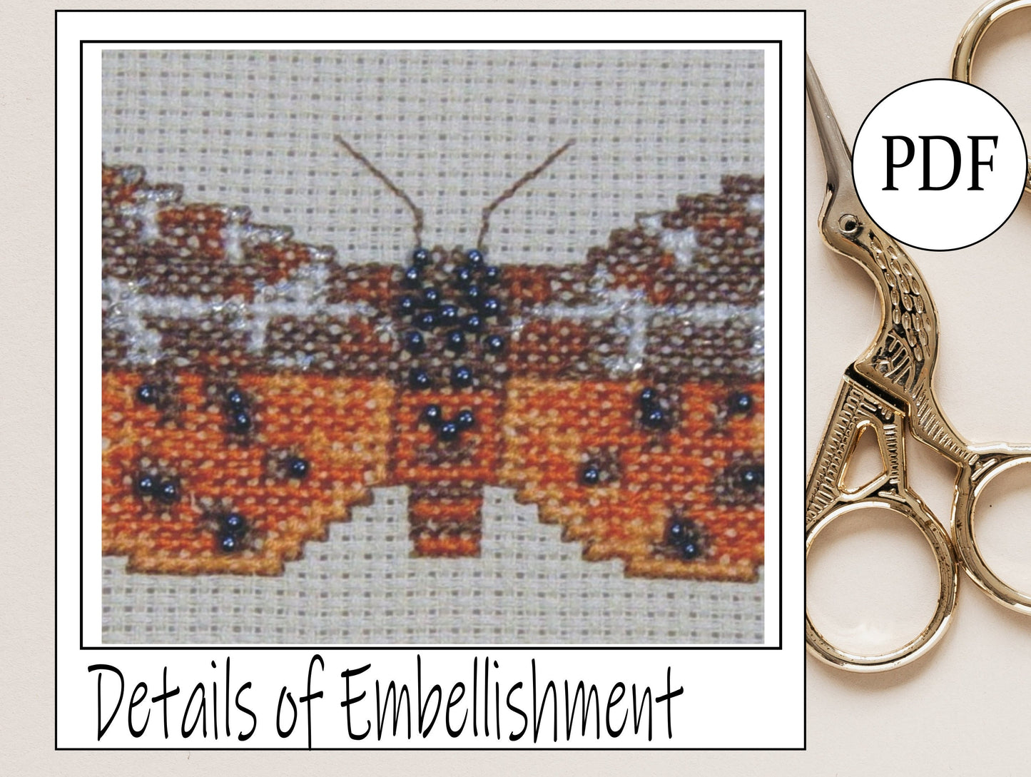 Garden Tiger Moth Cross Stitch Pattern PDF, X Stitch pattern Instant Download, Insect embroidery tutorial, Embellished x-stitch sampler PDF