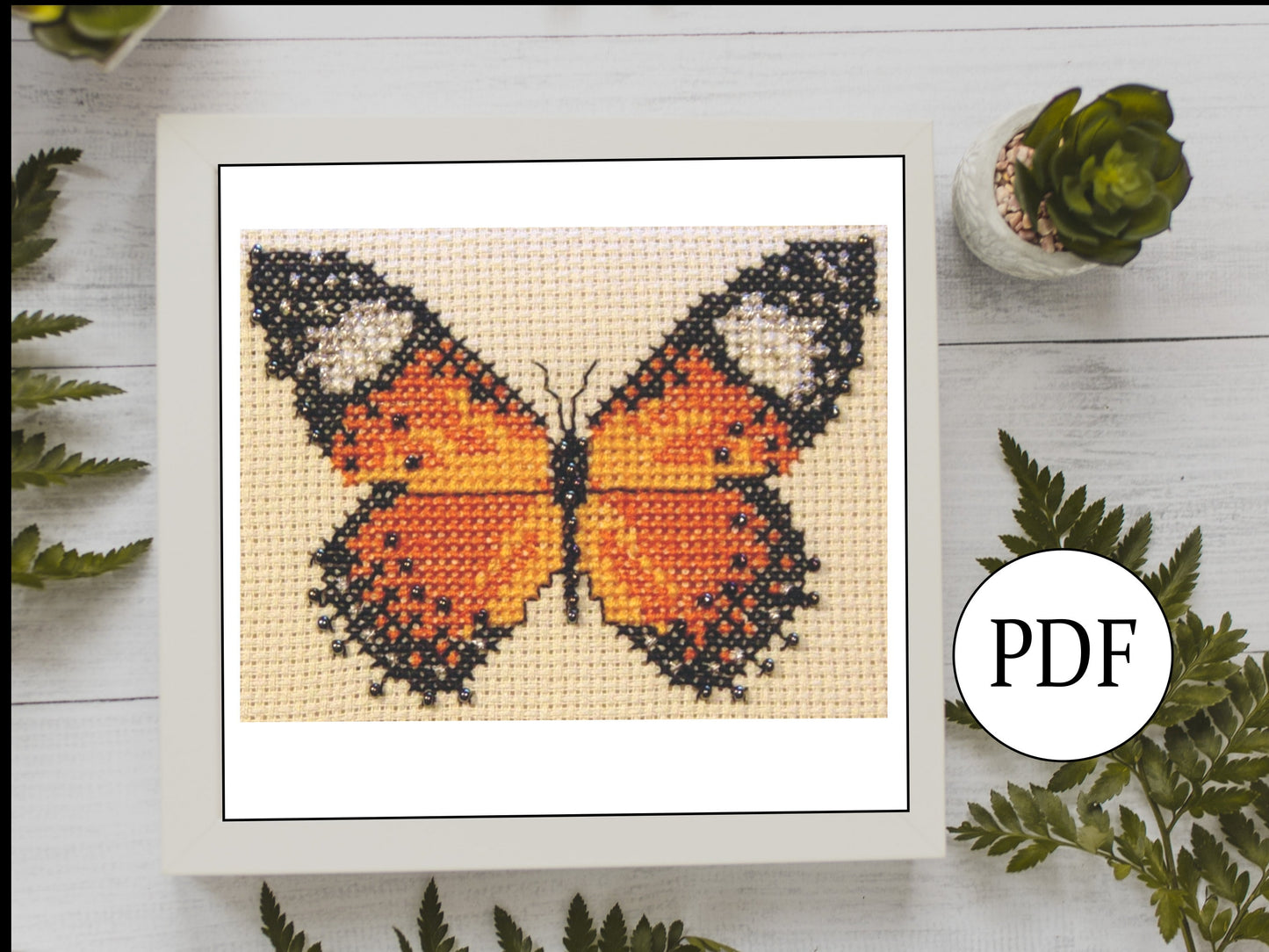 Orange Lacewing Butterfly Cross Stitch Pattern PDF, X Stitch pattern Instant Download, Insect embroidery tutorial, Embellished x-stitch PDF