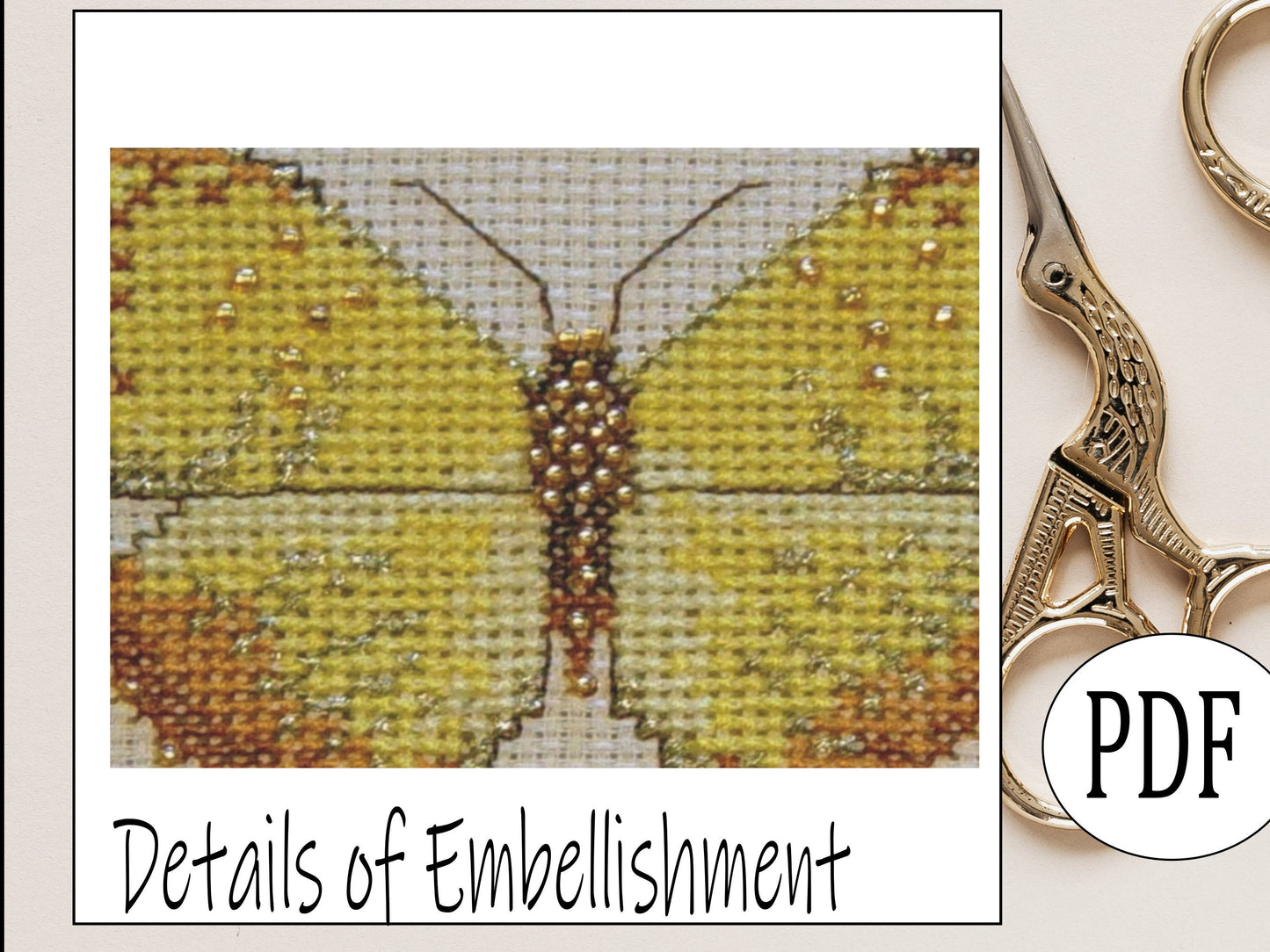 Orange Barred Sulphur Cross Stitch Pattern PDF, X Stitch pattern Instant Download, Insect embroidery tutorial, Embellished x-stitch PDF