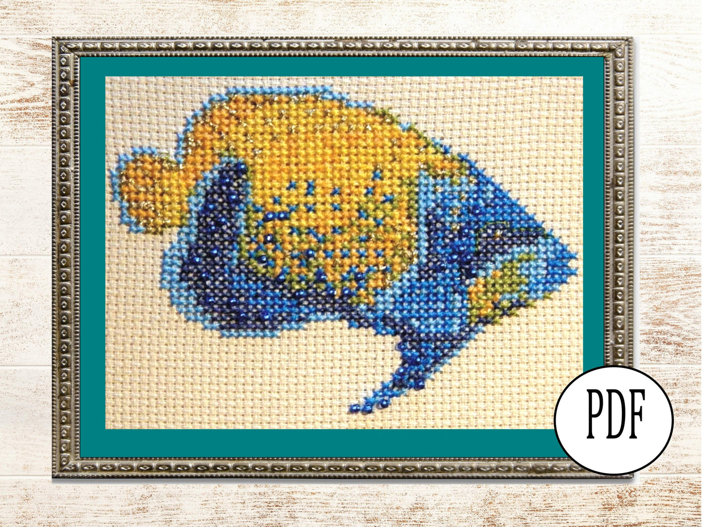 Blue Girdled Angel Fish Cross Stitch Pattern PDF, X Stitch pattern Instant Download, embroidery tutorial, Embellished x-stitch sampler PDF