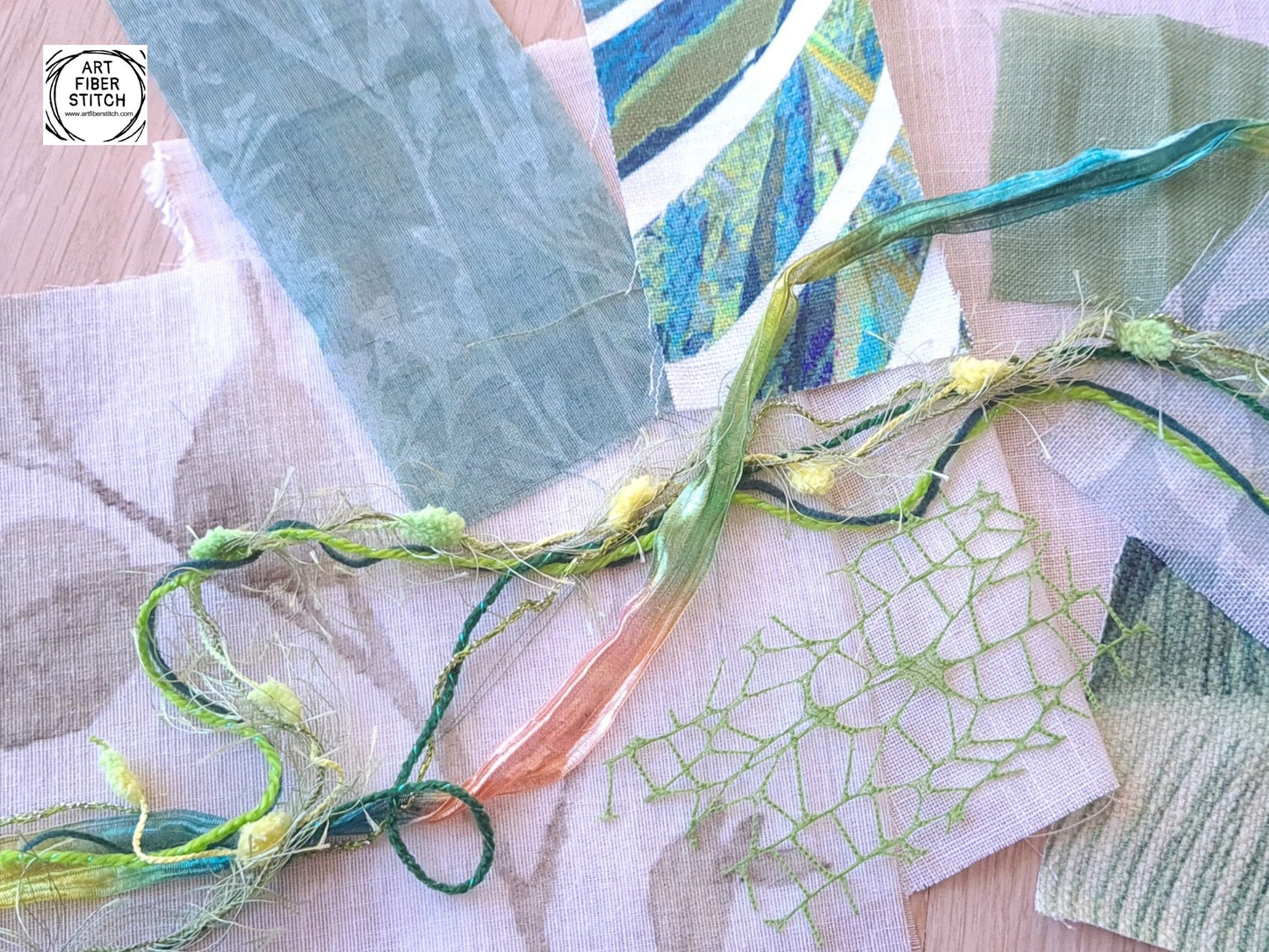 Leafy Green Floral Fabric Collage, Slow Stitching Kit, Inspirational Beginners Embroidery, easy sewing project, Junk Journal, Fabric Journal