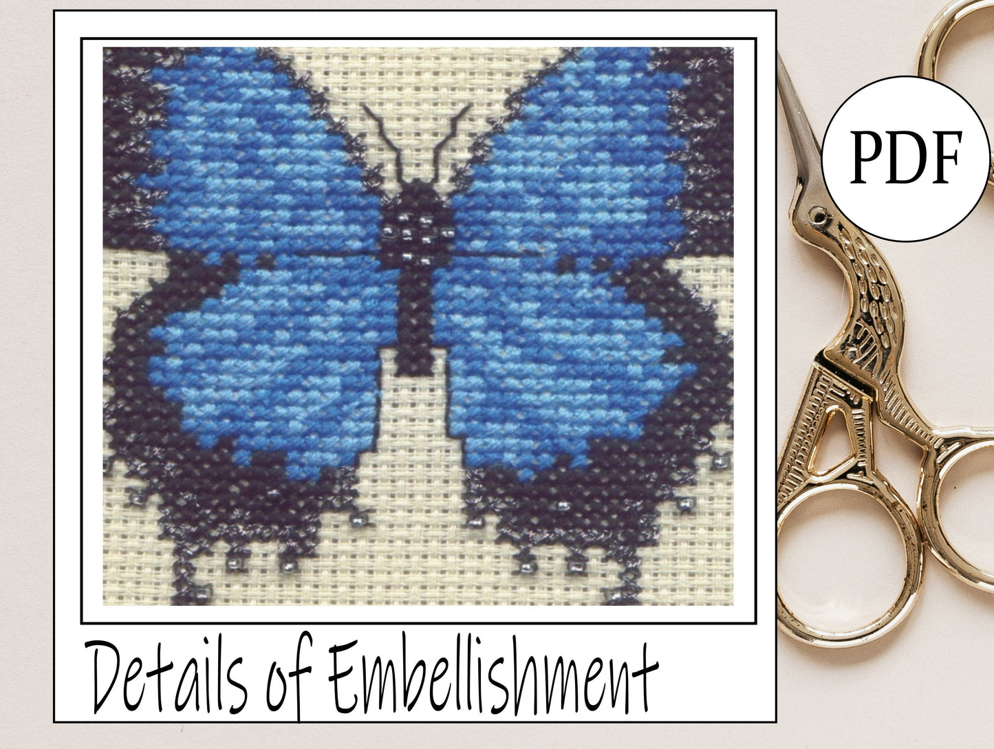 Ulysses Butterfly Cross Stitch Pattern PDF, X Stitch pattern Instant Download, Insect embroidery tutorial, Embellished x-stitch sampler PDF