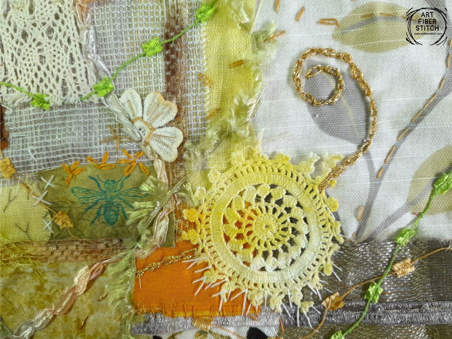 Yellow Fabric Collage, Slow Stitching Kit, Textile Craft, Beginners Embroidery, easy sewing project, Junk Journal, Fabric Journal, Scraps
