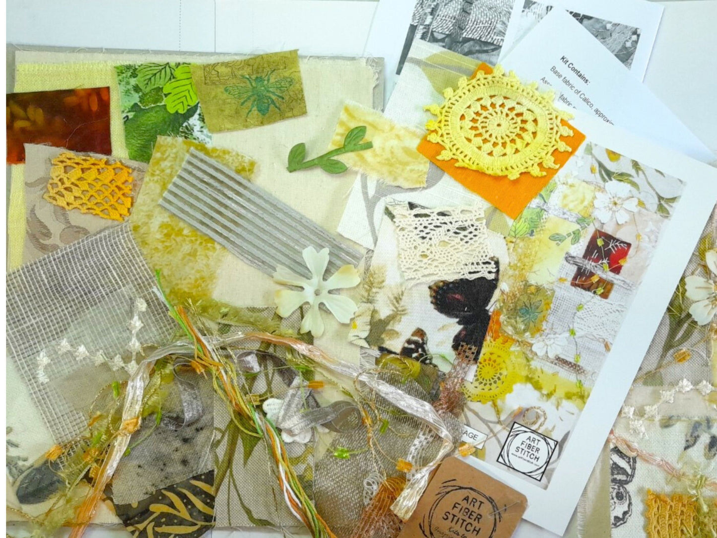 Yellow Fabric Collage, Slow Stitching Kit, Textile Craft, Beginners Embroidery, easy sewing project, Junk Journal, Fabric Journal, Scraps