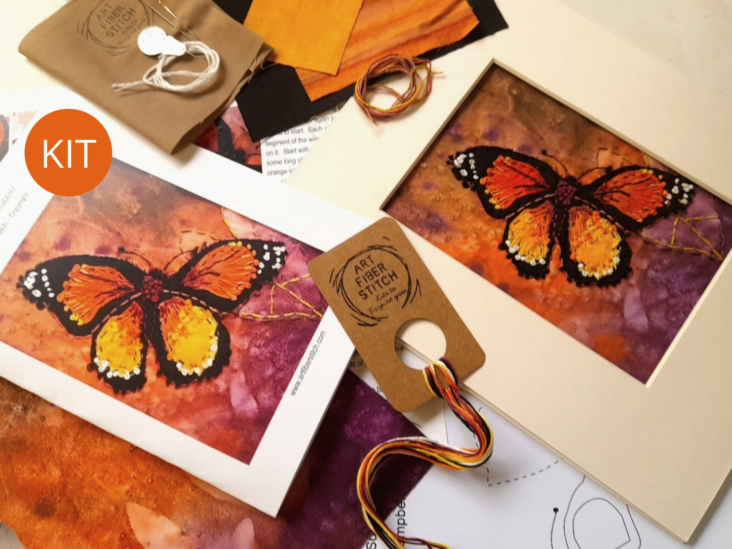 Hand dyed Embroidery Kit Orange Butterfly Sun Print , Beginners Easy Sewing Project, Fabric Art Design, Creative Mindful Stitch Therapy,