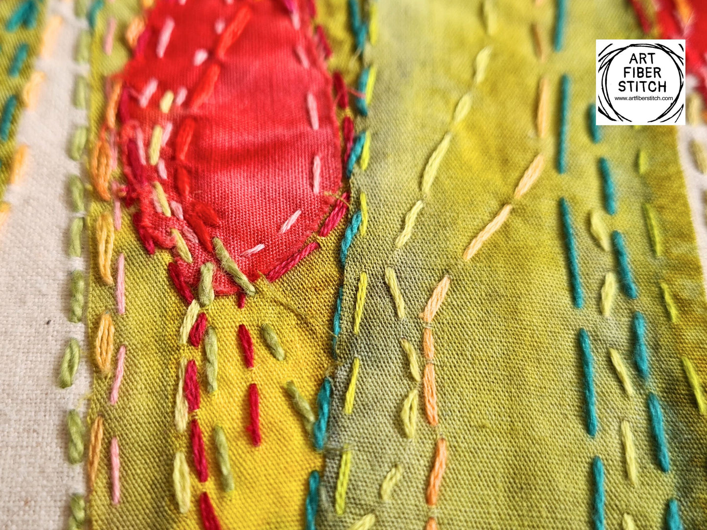 Blooming Spring - Original Artwork Textile Art Fabric Art Slow Stitch Embroidery Finished Picture of Tulip Flowers in rich colour.