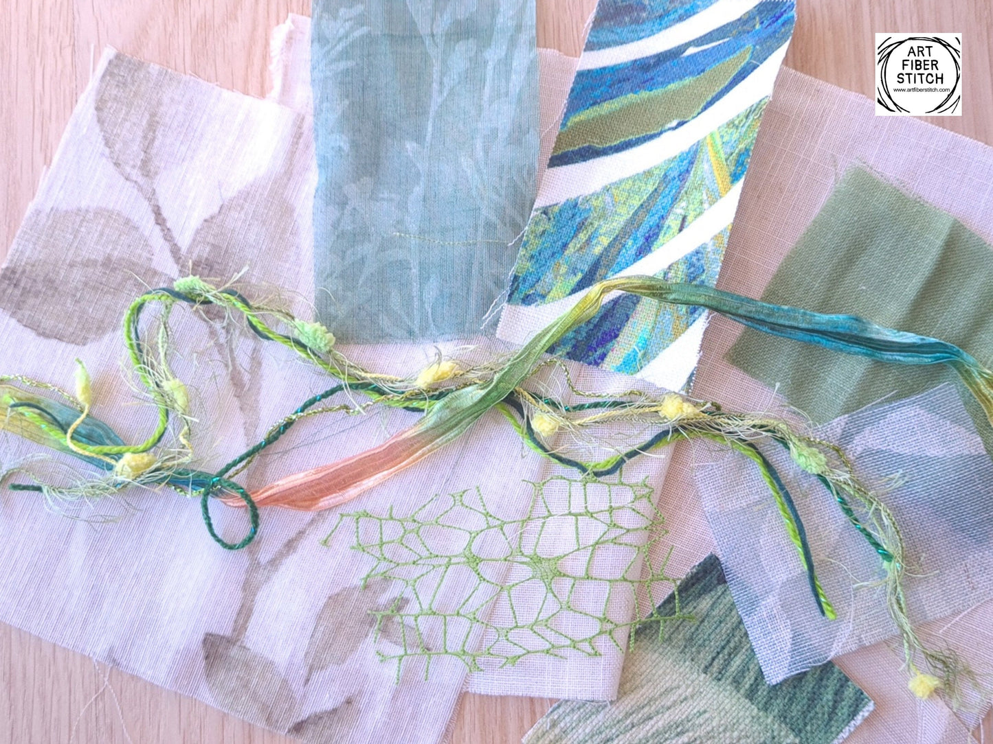 Leafy Green Floral Fabric Collage, Slow Stitching Kit, Inspirational Beginners Embroidery, easy sewing project, Junk Journal, Fabric Journal