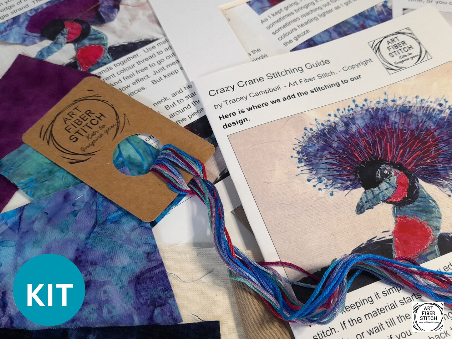 Crazy Crane Slow Stitching Kit, Beginners Embroidery, easy sewing project, Fabric Collage, Mindful Craft, Stitch Therapy