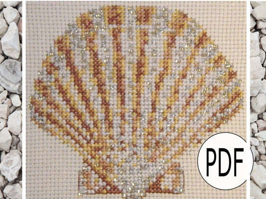 Scallop Cross Stitch Pattern PDF,  X Stitch pattern Instant Download, Shell embroidery tutorial, Embellished x-stitch sampler PDF