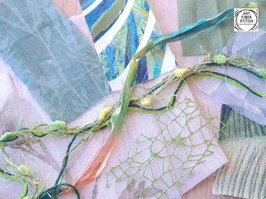 Leafy Green Floral Fabric Collage, Slow Stitching Kit, Inspirational Beginners Embroidery, easy sewing project, Junk Journal, Fabric Journal