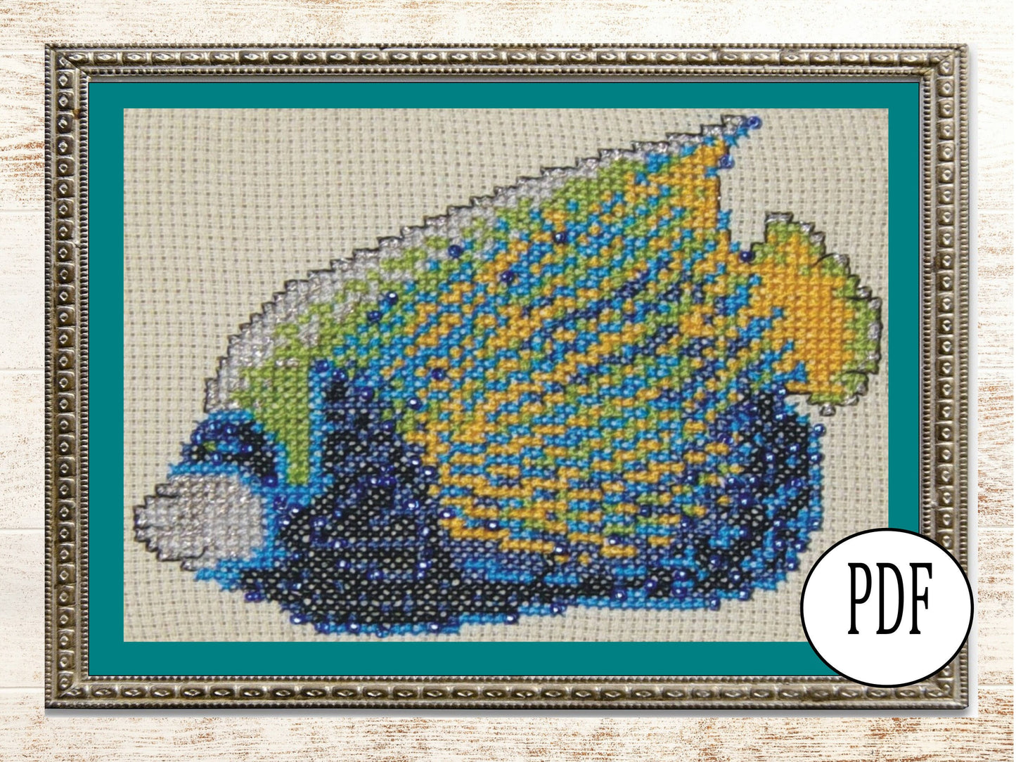 Emporer Angelfish Cross Stitch Pattern PDF,  X Stitch pattern Download, embroidery tutorial, Embellished x-stitch sampler Tropical fish PDF