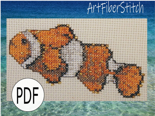 Clownfish Cross Stitch Pattern PDF,  X Stitch pattern Instant Download, embroidery tutorial, Embellished x-stitch sampler Tropical fish PDF