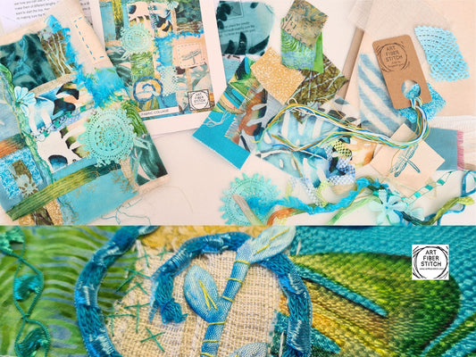 Tropical Fabric Collage, Slow Stitching Kit,  Textile Craft, Beginners Embroidery, easy sewing project, Junk Journal, Fabric Journal, Scraps