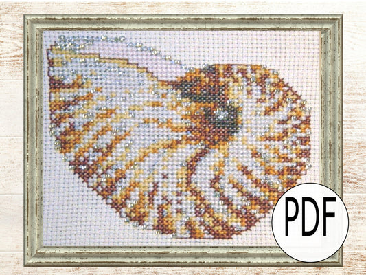 Nautilus Cross Stitch Pattern PDF,  X Stitch pattern Instant Download, Shell embroidery tutorial, Embellished x-stitch sampler PDF