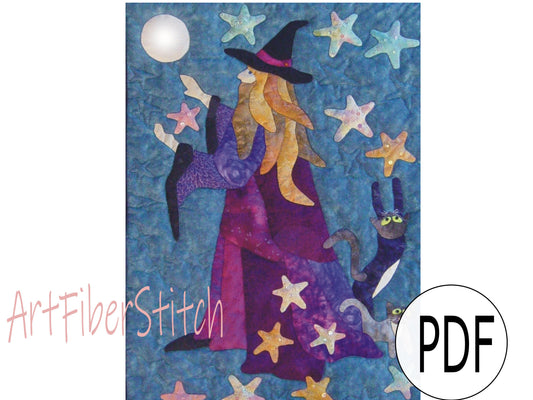 Spellcaster a wizard PDF applique and quilting pattern Instant download Childs Wall hanging Mini Quilt Hand sewing Embroidery design