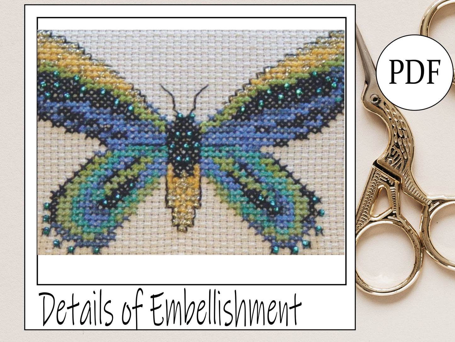 Queen Alexandras Birdwing Cross Stitch Pattern PDF,  X Stitch pattern Instant Download, Insect embroidery tutorial, Embellished x-stitch PDF