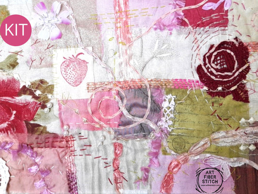 Pink Fabric Collage, Slow Stitching Kit, Textile Craft, Beginners Embroidery, easy sewing project, Junk Journal, Fabric Journal, Scraps